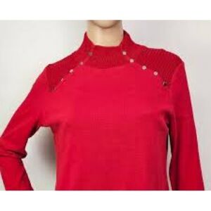 Rafaella Size Small Red Ribbed Turtleneck Sweater with Buttons Long Sleeves